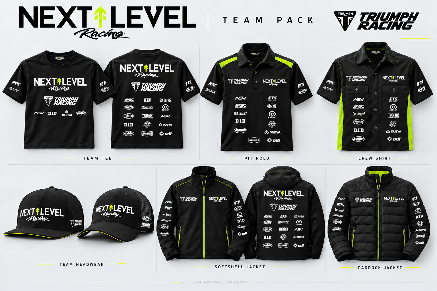 Next Level Racing Team Pack — Team Tee, Pit Polo, Crew Shirt, Team Headwear, Softshell Jacket, Paddock Jacket